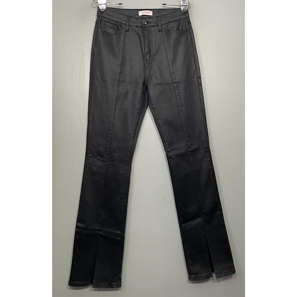 Vibrant MIU Black Shiny Wax Jeans Size 11 W29 Moto Biker Emo Slit Straight Leg